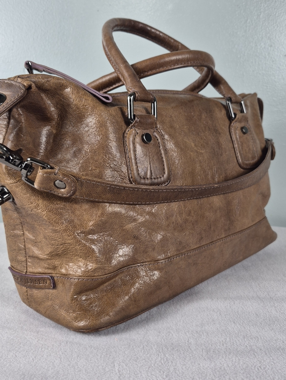 Jennifer Jensen Handbag Brown Distressed Faux Leather Satchel Shoulder Handbag